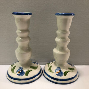 Vintage N.S. Gustin Co. Candle Sticks with Blue Flowers Set of 2 - 7 1/2” Tall